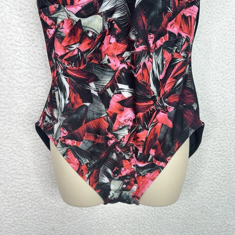 Gabar One Piece Swimsuit Women's Size 14 Tummy Control Black Pink Floral Ruched